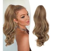 FINE PLUS Highlights Ponytail Extension, 20inch Wave Layered Claw Clip in Ponytail Hair Extensions for Women Honey Brown mix Blonde Fake Pony Tail Hairpieces for Daily Use/Date/Birthday/Wedding