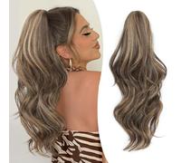 FINE PLUS Ponytail Extension, 20inch Claw Clip in Ponytail Hair Extensions Synthetic Claw Wavy Layered Ponytail Extension for Women Daily/Party/Travel (Brown with Caramel Blonde highlights)