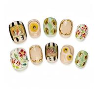 Fine Point Gallery Bloom Press On Nails, 10pcs Short Squoval for Hands, Handmade Floral & Stripe Mix with Gold Frame Accents, Reusable Glue On False Nails (Size Medium)