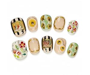 Fine Point Gallery Bloom Press On Nails, 10pcs Short Squoval for Hands, Handmade Floral & Stripe Mix with Gold Frame Accents, Reusable Glue On False Nails (Size Medium)