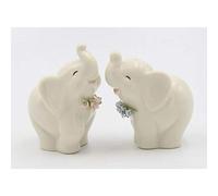Fine Porcelain Happy Lucky Elephants Couple with Pink and Blue Flowers Salt & Pepper Shakers Set, 3-1/4" H