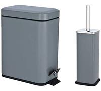 FINE STAR 5L Slim Pedal Bin Square Toilet Brush Holder Bathroom Set Rectangular Removable Bucket Trash Recycling Bin (Grey 5 L Bin + Brush Holder)