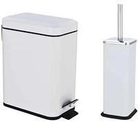 FINE STAR 5L Slim Pedal Bin Square Toilet Brush Holder Bathroom Set Rectangular Removable Bucket Trash Recycling Bin (White 5 L Bin + Brush Holder)