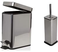 FINE STAR 5L Slim Pedal Bin Square Toilet Brush Holder Bathroom Set Rectangular Removable Bucket Trash Recycling Bin (Chrome 5 L Bin + Brush Holder)