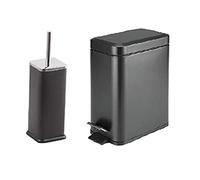 FINE STAR 5L Slim Pedal Bin Square Toilet Brush Holder Bathroom Set Rectangular Removable Bucket Trash Recycling Bin (Black 5 L Bin + Brush Holder)