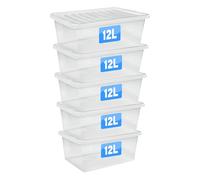 FINE STAR Set of 5 Crystal Clear Plastic Storage Box Boxes With Lids UK BRITISH MADE Home Office Stackable (12 LITRE)
