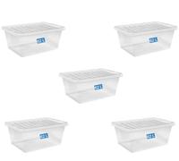 FINE STAR Set of 5 Crystal Clear Plastic Storage Box Boxes With Lids UK BRITISH MADE Home Office Stackable Nestable Shoe Boxes (62 LITRE)