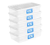 FINE STAR Set of 5 Crystal Clear Plastic Storage Box Boxes With Lids UK BRITISH MADE Home Office Stackable Nestable Shoe Boxes (43 LITRE UNDERBED)
