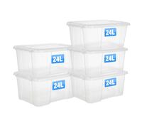 FINE STAR Set of 5 Crystal Clear Plastic Storage Box Boxes With Lids UK BRITISH MADE Home Office Stackable Nestable Shoe Boxes (24 LITRE)