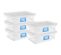 FINE STAR Set of 5 Crystal Clear Plastic Storage Box Boxes With Lids UK BRITISH MADE Home Office Stackable Nestable Shoe Boxes (32 LITRE UNDERBED)
