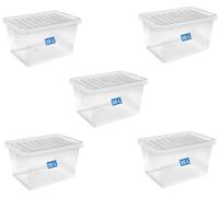 FINE STAR Set of 5 Crystal Clear Plastic Storage Box Boxes With Lids UK BRITISH MADE Home Office Stackable Nestable Shoe Boxes (35 LITRE)