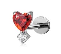 FINE4U 1 PCS Heart Piercing Jewelry 16G 6mm 8mm - ASTM F136 Titanium Threaded Flat back Stud, Heart shaped Garnet CZ Cartilage Earring for Conch Tragus Helix Flat