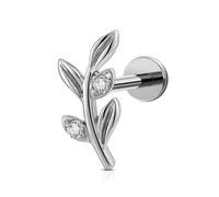 FINE4U 1PC Leaf Flat Back Stud Flat, Helix, Conch, Tragus 6mm 8mm - ASTM F136 Titanium Screw on Body Piercing Jewelry, Titanium, cubic zirconia