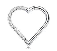 FINE4U Heart Daith Piercing Jewelry 16G 8mm Right Ear,ASTM F136 Titanium Clicker Daith Earrings for Women, Cartilage Earring for Gift Idea, 16G(1.2mm), Titanium Cubic Zirconia, cubic zirconia