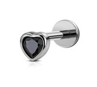 FINE4U Heart Shaped Piercing Jewelry for Conch, Tragus, Helix - ASTM F136 Titanium Cartilage Earring, 16G 6mm 8mm Black CZ Labret, Implant Grade Hypoallergenic Flatback Stud