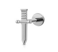 FINE4U Titanium Sword Piercing Jewelry for Conch, Tragus, Helix 16G 8mm - ASTM F136 Titanium Cartilage Earring, Implant Grade Hypoallergenic Flatback Stud, Labret Body Jewelry