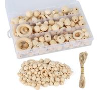 FINEASY 165 PCS Natural Wooden Beads Set, Round Wooden Beads with Box, Macrame Kits for Beginners, Wood Beads Wood Rings for DIY Craft Making Macrame Jewelry