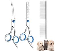 FINEASY Modern Dog Grooming Scissors Set, Curved & Thinning Scissors, Comb, Stainless Steel, Blue