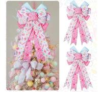 FineCheer 2 Pack Pastel Christmas Tree Topper Bows, 12"x 20" Large Candy Craft Bows Ornaments Pink Christmas Tree Topper with Pastel Wired Edge Xmas for Home Front Door Decor