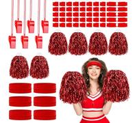 FineCheer 28 Pcs School Spirit Support Items 6 Set Team Spirit Week Accessories Including Headbands Whistles Cheerleading Pompoms Sports Stickers for School Sports Watching Games Cheering(Red)