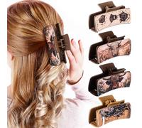 FineCheer 4 Pack Western Leather Hair Claw Clips for Women Large Highland Cattle Hair Claw Clips Matte Leather Floral Cow Print Clip Cowgirl Brown Hair Clip Set for Thick Hair Western Accessories Gift