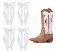 FineCheer 4 Pcs White Ribbon Boot Bow for Cowgirl Boots Beaded Pearl Clip Decor Removable for Country Concert Wedding Women DIY Bridal Shower Reception Accessory Supplies Gifts