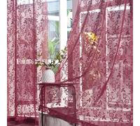 FINECITY Burgundy Sheer Curtains 63 Inch Length - 2 Panels Rustic Leaf Floral Patterned Red Wine Lace Curtains for Bedroom, Rod Pocket Privacy Light Filtering Merlot Sheer Window Drapes, 52 x 63 Inch