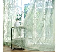 FINECITY Green Lace Curtains 72 Inch Length, Country Rustic Leaf Floral Sage Spring Sheer Curtains for Living Room, Rod Pocket Privacy Sheer Window Curtain Panels, 52 x 72 Inch, 2 Panels, Sage Green