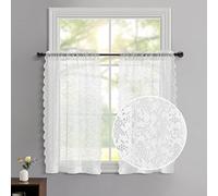 FINECITY Lace Curtains 36 Inch Length - Country Rose Floral Patterned White Lace Kitchen Curtains, Scalloped Macrame Sheer Short Lace Tier Curtains for Small Windows, 25 x 36 Inch, 2 Panels, Off White