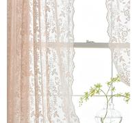 FINECITY Pink Lace Curtains 63 Inch Length for Girls Room Coquette Curtains Floral Patterned Sheer Lace Curtains 2 Panels Set, Privacy Scalloped Lace Window Curtains, 52 x 63 Inch, Blush Pink