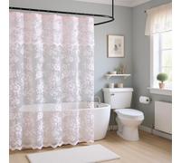 FINECITY Pink Lace Shower Curtain for Bathroom, 1 Panel, W72 x L72 Inch, Cottagecore Leaf Floral Patterned Sheer Lace Shower Curtain with Attached Valance for Bath Vintage Farmhouse Decor
