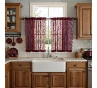 FINECITY Short Burgundy Sheer Curtains Leaf Floral W42 x L36 Inch, 2 Panels | Rod Pocket, Openwork Flows, Sunlight Softened, Wine Tone Adds Vintage Warmth, Cafe-Length Drop Leaves Glass Open, Privacy