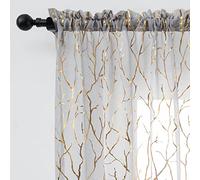 FINECITY Tree Branch Grey Sheer Curtains - Metallic Gold Foil Twig Pattern Privacy Voile Curtains 2 Panels for Bedroom, 52 x 72 Inch, Gray and Gold