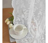 FINECITY White Lace Curtains 63 Inch Length, Country Branch Leaf Scalloped Floral Lace Sheer Curtains for Bedroom, Privacy Vintage Lace Curtain Panels for Windows, 52 x 63 Inch, White, 1 Pair