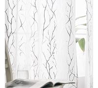 FINECITY White Sheer Curtains 84 Inch Long - Silver Foil Tree Branch White Curtain 2 Panels Rod Pocket Sheer Window Curtains Tree Pattern for Living Room, 52 x 84 Inch, 1 Pair, White Silver