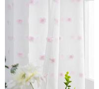 FINECITY White Sheer Curtains 96 Inch Length - Rod Pocket Embroidered Cute Pink Pom Poms Curtain 2 Panels Light Filter Soft Window Voile Drapes for Girls Room, 52 x 96 Inch, 1 Pair, White Pink