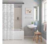 FINECITY White Small Lace Shower Curtain, 1 Panel, W36 x L72 Inch, Cottage Core Rustic Leaf Floral Patterned Stall Sheer Lace Curtain with Attached Valance for Bathroom Shower Stall Retro Decor