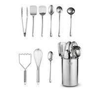 FineDine Kitchen Utensils Set - 10-Piece, Stainless-Steel Cooking Utensils w/Spoons, Whisk, Spatula, Tongs, Ladle, Masher & Cooking Utensils Holder - Kitchen Accessories, Gadgets and Tools