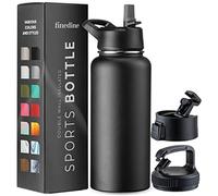 FineDine Triple Walled, Insulated Water Bottles with Straw - 32 Oz Stainless Steel Metal Bottle W/ 3 Leak Proof Lids - For Travel, School, Sports, Gym/Men, Women & Kids - Inky Raven Black