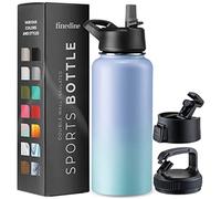 FineDine Triple Walled, Insulated Water Bottles with Straw - 32 Oz Stainless Steel Metal Bottle W/ 3 Leak Proof Lids - For Travel, School, Sports, Gym/Men, Women & Kids - Powder Steel Blue