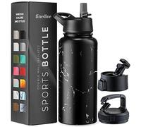 FineDine Triple Walled, Insulated Water Bottles with Straw - 32 Oz Stainless Steel Metal Bottle W/ 3 Leak Proof Lids - For Travel, School, Sports, Gym/Men, Women & Kids - Polished Raven Marble