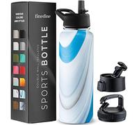 FineDine Triple Walled, Insulated Water Bottles with Straw - 40 Oz Stainless Steel Metal Bottle W/ 3 Leak Proof Lids - For Travel, School, Sports, Gym / Men, Women & Kids - Exquisite Blue Marble