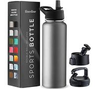 FineDine Triple Walled, Insulated Water Bottles with Straw - 40 Oz Stainless Steel Metal Bottle W/ 3 Leak Proof Lids - For Travel, School, Sports, Gym/Men, Women & Kids - Modern Lava Gray