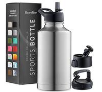 FineDine Triple Walled, Insulated Water Bottles with Straw - 64 Oz Stainless Steel Metal Bottle W/ 3 Leak Proof Lids - For Travel, School, Sports, Gym / Men, Women & Kids - Brushed Stainless Steel