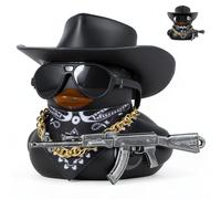 FINEED 1PCS Black Rubber Duck with Cowboy Hat, Sunglasses, Bandana, Gold Chain & AK47 Gun - Funny Squeaky Car Dashboard Decorations for Car Accessories, Office Desk, Home Decor