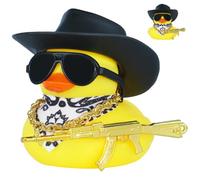 FINEED Rubber Ducks for Car Dashboard Decor - Funny Squeaky Duck with Cowboy Hat, Sunglasses, Bandana, Gold Chain & Gun Accessory, DIY Cool Car Interior Ornament Gift (1 Piece, Black Hat)