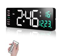 FineFizz 16" Digital Wall Clock Large Display, 12/24H Gym Clock, LED Wall Clock with Alarms, Date, Temperature, Remote Control, Large Digital Clock for Office (Corded Use Only) (Green)