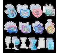 FineInno 11 Pcs Resin Shaker Mould, Silicone Hollow Mould Epoxy Resin Moulds Quicksand Casting Molds,Crystal Moulds DIY Heart, Star, Moon,Cat,Pendants