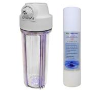 Finerfilters 10" Standard Clear Water Filter Housing With 1/2" Female Ports & 5 Micron Sediment Filter Fittings Inc. For 1/4" Push Fit