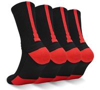 Finerview Elite Basketball Socks, 4 Pack Cushion Performance Crew Athletic Socks for Adult & Youth Kids, Red, Medium
